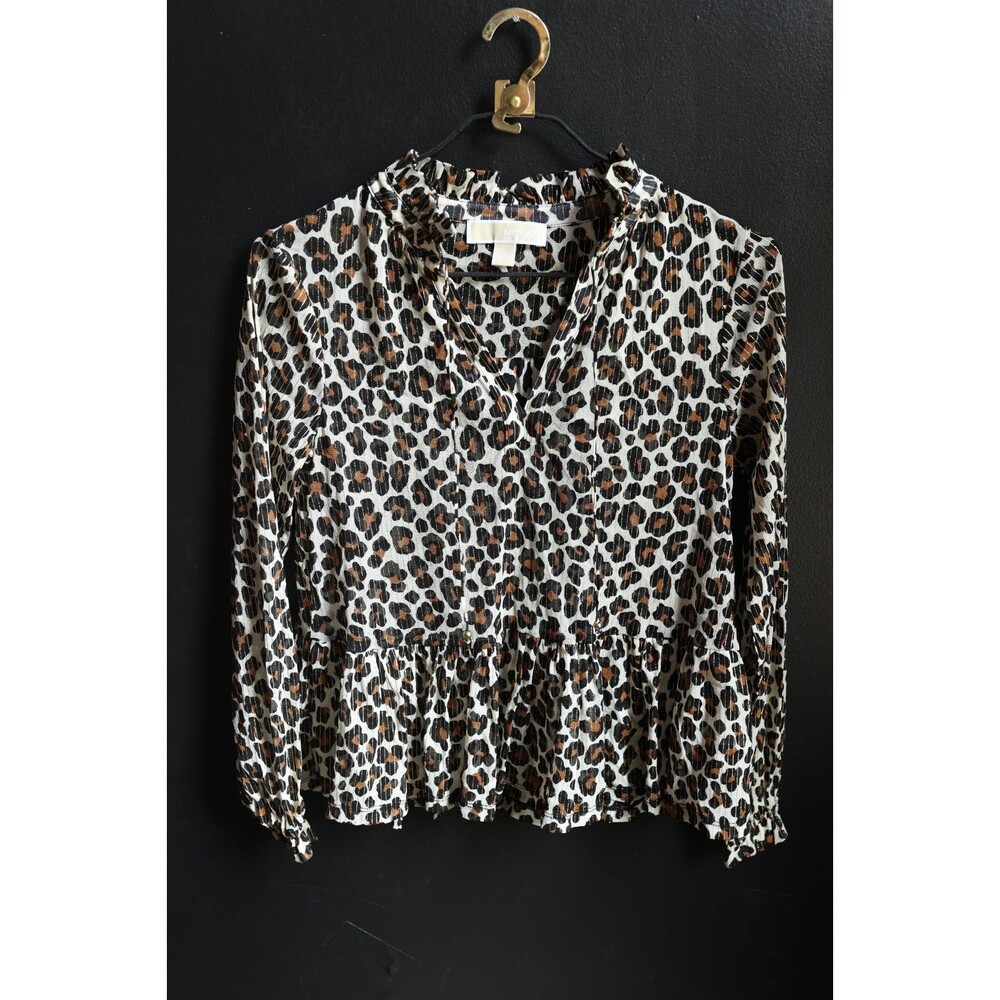 Michael Kors Leopard Print Ruffle Sleeve Long Sleeve Peplum Top Tunic Metallic